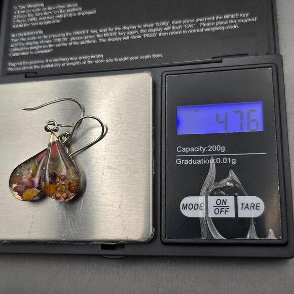 Sterling Silver Lucite Earrings 1.75" Dried Flowers Teardrop Shape ATI Mexico - Picture 10 of 10